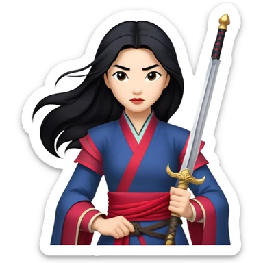 Cinematic Realistic Mulan Portrait, depicted with lifelike skin texture, soft natural lighting, and intricately detailed long black hair styled elegantly. Her deep, expressive eyes exude determination and grace, complemented by a serene yet confident expression. She stands with one hand resting on the hilt of her sword, the other by her side, exuding strength and poise. She is dressed in her classic attire, with rich fabric textures and delicate folds that catch the light beautifully. The portrait features a soft, enchanting glow with a natural, radiant finish, capturing the essence of timeless strength and beauty in a realistic and painterly style, evoking a sense of depth and authenticity. sticker
