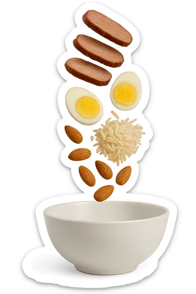 bowl bianca in cui cadono verticalmente fettine di carne, uova sode, mandorle e riso basmati sticker