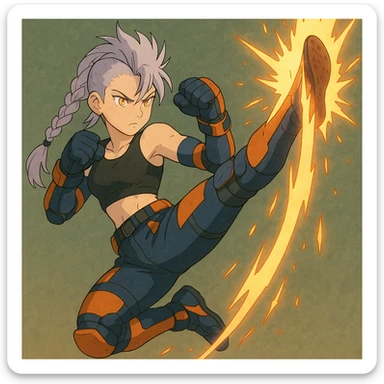 maiden, mohawk, long braid white hair with lavender and tips long messy bangs one side, gold yellow eyes, black crop top, with both fighting gloves up in defensive ready pose, delivering a lightning quick vertical upwards front kick with volcanic force, full defensive padding, TCTF operative, orange and dark dark blue + gray attire. jumping swing falcon kick, perfect posture sticker
