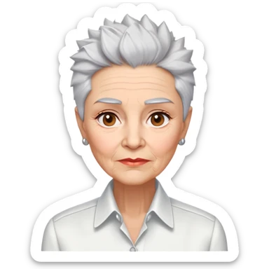 Elderly Marian Pabón with elegant facial features, light rosy complexion, expressive eyes with age lines, medium well-defined lips, sophisticated pronounced cheekbones, short spiky silver hair styled like a men's cut, dressed in a crisp white button-up shirt sticker