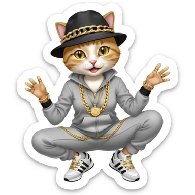 female cat wearing Run DMC hip-hop outfit with tracksuit, fedora, Adidas sneakers, many gold chains, rings, bracelets, flashy earrings, laughing and looking up, no sunglasses sticker