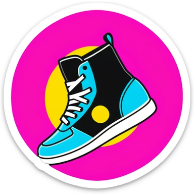 Minimalist sticker with white 'tt' letters on a black circle with cyan, magenta, and yellow dots below, sneaker with street style influence sticker