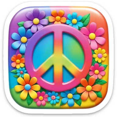 Beveled square shaped psychedelic colored button with rainbow colored hippie style 3D flowers and a peace sign in the center sticker