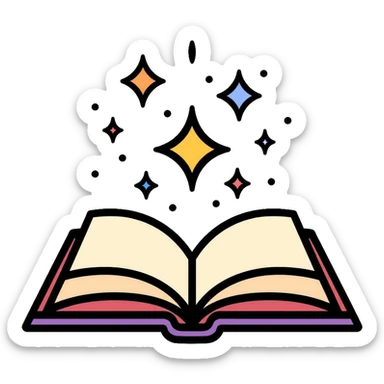 Colorful open book with magical sparkles floating above the pages sticker
