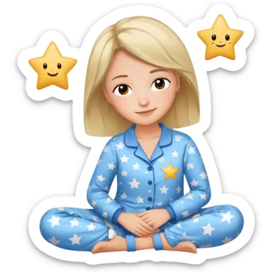  "type": "human",
      "look": "woman in star-print pyjamas, soft blue set, sleepy smile", sticker