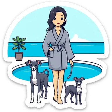 Very thin and slim Chinese woman with long black hair in elegant pool attire at a luxury spa pool with fancy amenities and her Italian greyhound that is COMPLETELY solid dark grey with ABSOLUTELY ZERO white markings anywhere - 100% uniform dark grey color only sticker