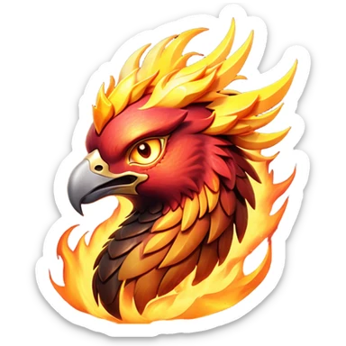 Cinematic Fierce Battle-Hardened Mystical Fire Phoenix Portrait Emoji, head tilted with an aggressive, unwavering gaze that speaks of relentless combat. The flame-kissed form is marked by rugged, charred feathers and vivid battle scars. Its blazing eyes radiate raw intensity and steely resolve, rendered with lifelike detail and stark natural lighting, high shine, channeling an aura of unyielding warlike energy and valor, softened by a dynamic glowing outline that highlights its battle-earned ferocity. sticker