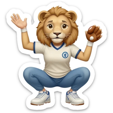 friendly anthropomorphised female lion wearing a baseball shirt, jeans, and trainers, in a squat position, lifting something up sticker