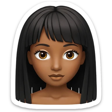 crie um icon no estilo memoji da apple de uma garota parda com cabelo preto abaixo do ombro e franja na altura dos olhos, sobrancelhas pretas, olhos castanhos escuro com delineado preto, nariz afinado, lábios grossos com batom preto e colar preto com um pingente de morcego sticker