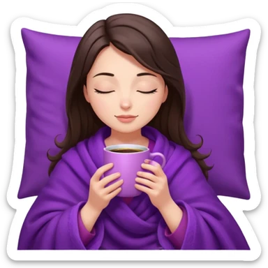 girl brunette inside a violet blanket sipping coffee from pink mug eyes closed sticker