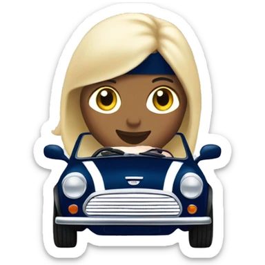 navy blue convertible Mini Cooper, with white woman driving sticker