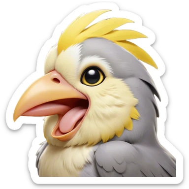 Cinematic Cute Yawning Cockatiel Portrait Emoji, Head tilted slightly with a dramatic, wide-open yawn, showcasing a soft grey fur with subtle yellow accents and gently drooping crest feathers, round dark eyes barely open in drowsy contentment, Simplified yet irresistibly adorable features, highly detailed, glowing with a soft, cozy glow, high shine, relaxed yet expressive, stylized with a touch of whimsy, bright and endearing, soft glowing outline, capturing the essence of a sleepy yet affectionate cockatiel, so drowsy it feels like it could stretch out of the screen and curl up for a nap! sticker
