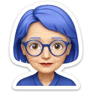 old lady with cobalt hair, wearing glasses, slight curl short hair, long face sticker