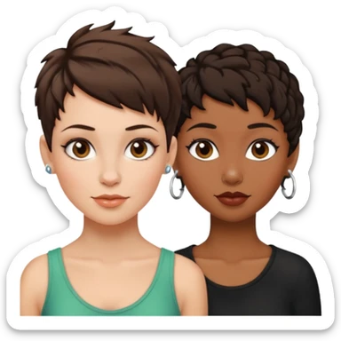 white woman brunette with a pixie hairstyle and black woman with locks and a piercing on the nose sticker