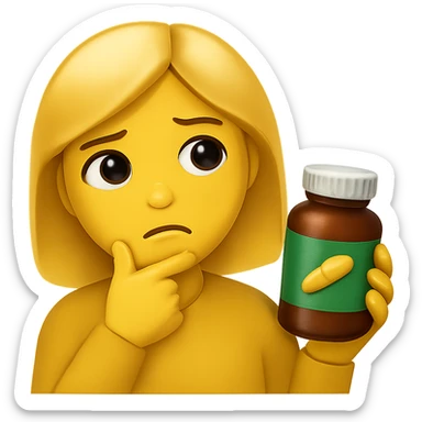 DONNA STILE EMOJI IPHONE DI UNA DONNA CON BOCCETTA DI INTEGRATORE IN MANO ED ESPRESSIONE DUBBIOSA, 4K sticker