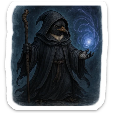 serious penguin wizard in a robe, casting a spell, mystical background, detailed illustration sticker
