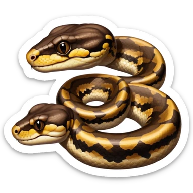 A photo-realistic digital illustration of a Ball Python, large headshot portrait. The snake has a short, rounded snout and smooth, soft contours, with a gentle, inquisitive expression that gives it a slightly playful charm. Its head is warm brown with bold, irregular dark markings. sticker