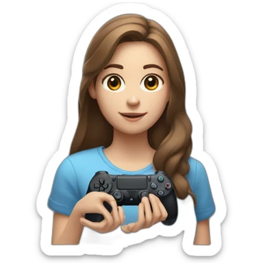 Caucasian Girl with long Brown hair holding the back of a playstation 4 controller looking at a screen sticker