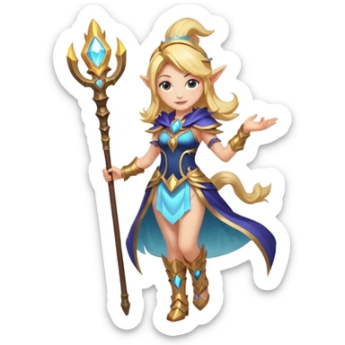 full body Lux from League of Legends with magical staff, cheerful expression, detailed costume sticker