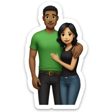 tall guy wearing green shirt and black jeans hugging a shorter girl with blue jeans and black shirt with black hair and light tan  sticker