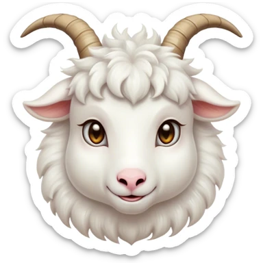 Cinematic Cute White Goat Portrait Emoji, Head tilted playfully and inquisitively, featuring a fluffy, immaculate white fur with charming curved horns, round, sparkling eyes filled with gentle curiosity, Simplified yet irresistibly adorable features, highly detailed, glowing with a warm, friendly glow, high shine, affectionate and lively, stylized with a touch of whimsical charm, bright and endearing, soft glowing outline, capturing the essence of a mischievous yet loving goat, so playful it feels like it could trot out of the screen and into your arms! sticker