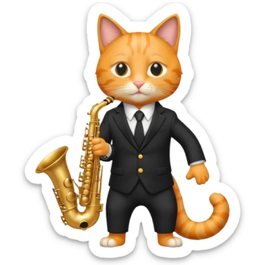 orange cat play gold saxophone, wear black suit sticker