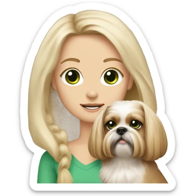 Girl with long blonde hair and green eyes and freckles holding an all beige shih tzu dog  sticker