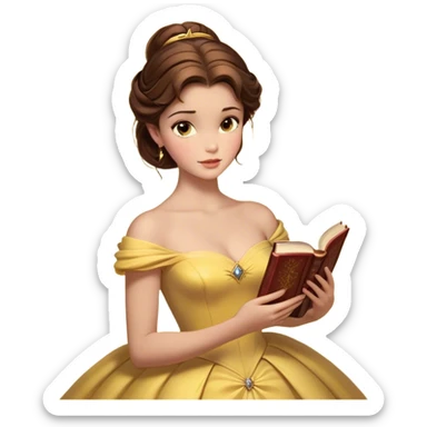 Cinematic Realistic Belle Portrait, depicted with lifelike skin texture, soft natural lighting, and intricately detailed brown hair styled elegantly. Her deep, expressive eyes exude warmth and intelligence, complemented by a serene and graceful expression. She gently holds a book in one hand, her other hand resting at her side, radiating an aura of beauty and intellect. She is dressed in her classic yellow ball gown, the fabric rich in texture with delicate folds that catch the light beautifully. The portrait features a soft, enchanting glow with a natural, radiant finish, capturing the essence of timeless beauty in a realistic and painterly style, evoking a sense of depth and authenticity. sticker