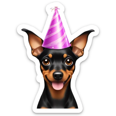 miniature pinscher with floppy ears in a birthday hat  sticker