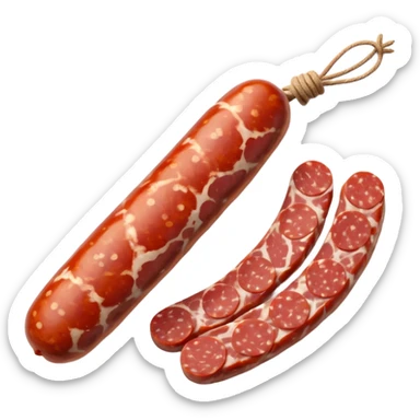 whole dry-cured sausage with rustic white-mottled casing tied with natural string sliced end showing dense marbled interior of red meat and white fat with a few round slices beside showing glossy speckled texture and slightly irregular edges soft lighting subtle shadows emoji scale sticker