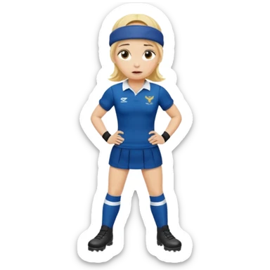 chica rubia con cara de miedo vestida con equipación de rugby y una casqueta en la cabeza metida en unas botas de presoterapia sticker