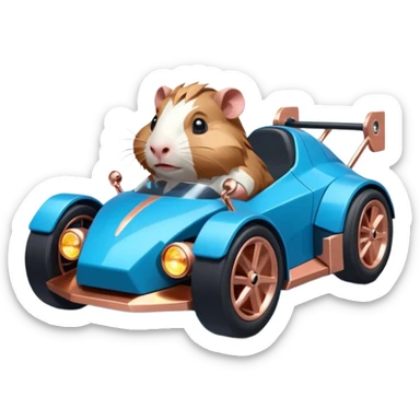 dark crystal blue and rosegold-accented cyberpunk faceted-body electric racing car driven by a small cute but fearless Guinea pig with rear spoiler, roll bar, and wheely bar sticker