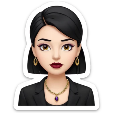 “Emoji girl, sculpted contour, bold dark lipstick, defined brows, sharp eyeliner, sleek black hair updo, statement necklace, black blazer.” sticker