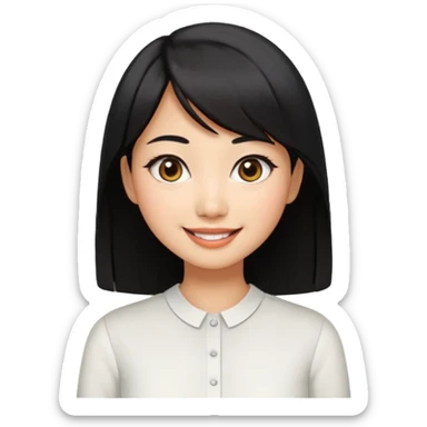 30 yr old asian woman center parted hair big eyes big smile tanned skin straight black hair hippie part hair white blouse shoulder length hair middle parted hair few short bangs at front trendy hair sticker