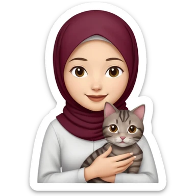 Asian white Girl wearing dark maroon hijab with white shirt smiling while holding a black brown grey tabby cat sticker
