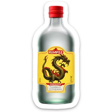 clear bottle of rumpleminze alcohol with a yellow dragon on a black and red label sticker