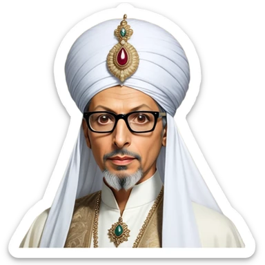 Jeff Goldblum no glasses as a regal portrait dressed as _cinematic-realistic-portrait-of-suleiman-the-magnificent,-depicted-as-a-regal-ottoman-sultan-adorned-with-a-large,-white,-round,-tall-turban-and-a-majestic-grey-beard,-his-commanding-gaze-bathed-in-warm,-historic-lighting-that-exudes-timel sticker