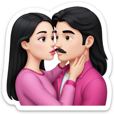White boy with black mustache kissing white girl with long black hair in pink clothes sticker