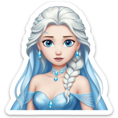 Cinematic Elegant Snow Queen Portrait Emoji, rendered in a realistic, vector-style with minimal shading and bold, simplified shapes. Depict Elsa (chest and above) with icy pale skin, long flowing platinum hair, and piercing blue eyes that exude quiet power, dressed in a shimmering ice-blue gown. The image glows with a soft, frosty radiance and high shine, capturing her ethereal, regal beauty. sticker