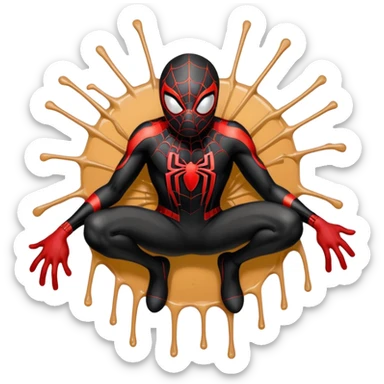 A stylized sticker of Miles Morales Spider-Man, urban graffiti art style, spray paint drips, neon accents. High contrast, cinematic lighting, thick white contour border, isolated on white background, sticker sheet aesthetic. sticker