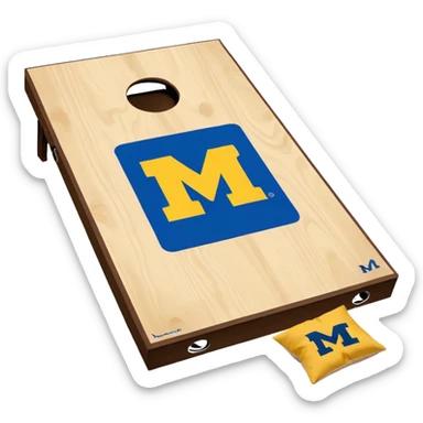 Cornhole board blue and yellow with Michigan “M” With a  cornhole bag sticker
