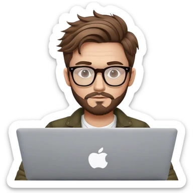 brown balayage college stylish British  hipster man with MacBook with glasses sticker