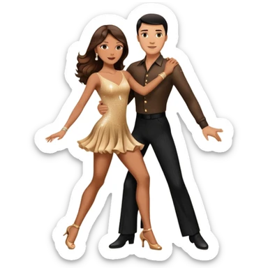 Photorealistic dancesport professional latin couple dancing the rumba at the competition dancefloor, the women is in skinny sparkly dress, the women has brown very long hair, the man has short black hair, the man hold woman's hand by his one hand and his second hand is on the women's waist  sticker