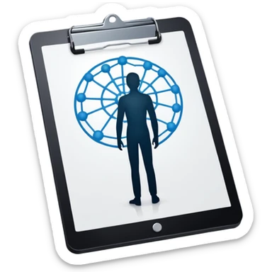 clipboard with a person silhouette and a neural network symbol sticker