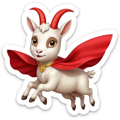 side view of white female goat wearing a read cape like superman sticker