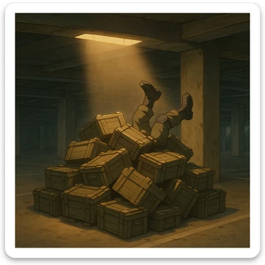 A pile of small oblong crates hidden in a parking structure with a beam of light shining from above, with someone’s boots sticking out like they dove in, tactical gear clothing  sticker
