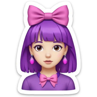 girl with bangs and purple hair and pink hairbow on the side of head and earrings sticker