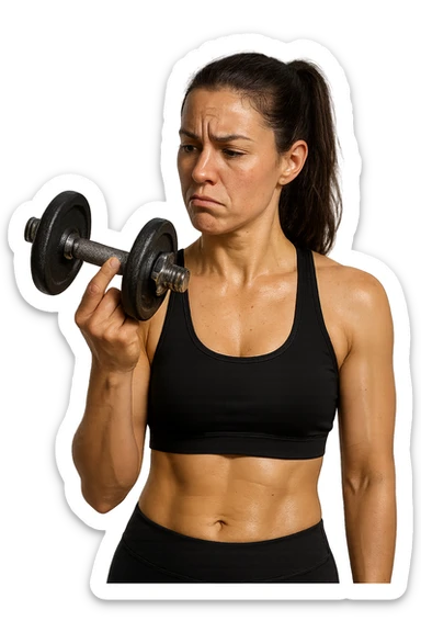 DONNA FITNESS CHE GUARDA DUBBIOSA UN MANUBRIO DA PALESTRA CHE HA IN MANO, iperrealistico 4k sticker