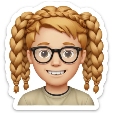 Young White boy wearing glasses, has strawberry blonde hair, has two sets of braids sticking up, has buck teeth sticker