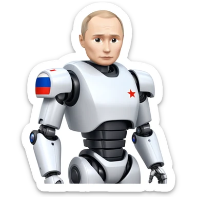 Futuristic robot with Vladimir Putin features and Russian flag colors sticker
